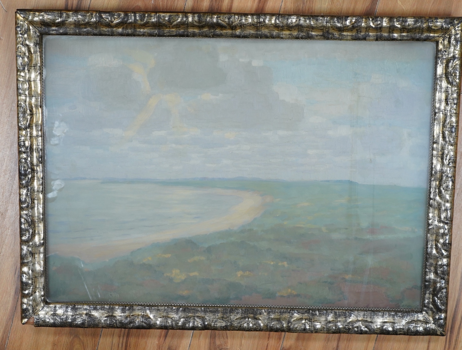 Early 20th century German School, oil on board, Seascape, indistinctly signed lower right, 46.5 x 66cm. Condition - poor to fair, surface dirt all over, losses to the frame